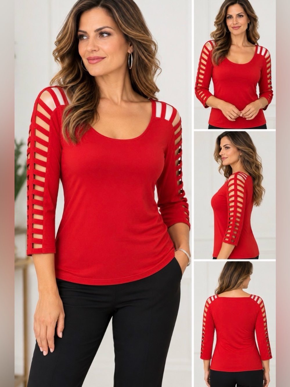 Joseph Ribkoff Red Slashed-Sleeve Top